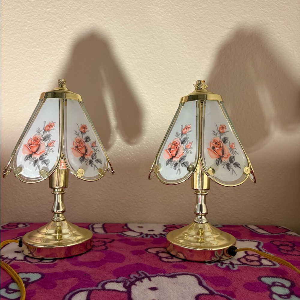 Brass Table Touch Lamp Pair with Pink Rose Shades - Floral Accent Lighting